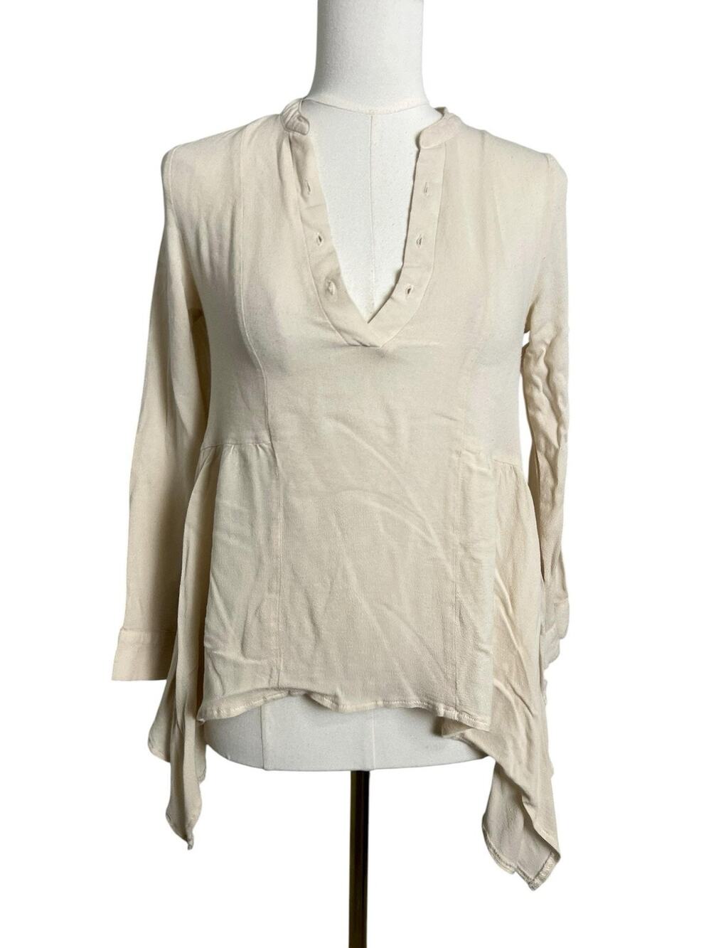 PPLA Tunic Blouse Womens XS White V Neck Handkerchief Hem Rayon Top Boho